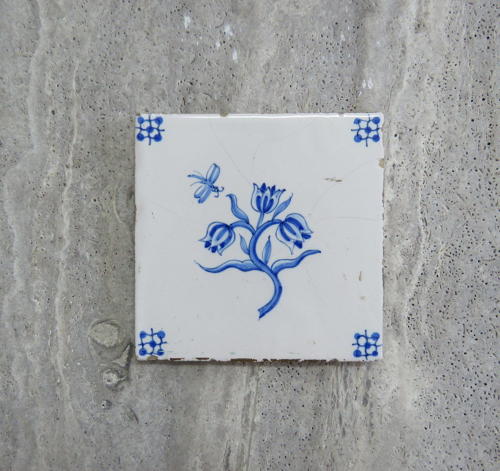 Reclaimed Delft dragonfly & flower tile, circa 1740  - SOLD
