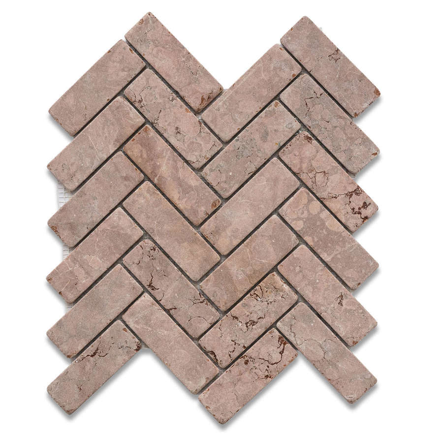 Rosso Verona tumbled marble herringbone mosaic