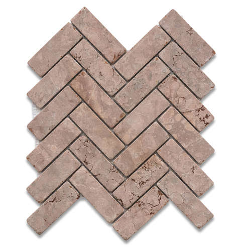 Rosso Verona tumbled marble herringbone mosaic