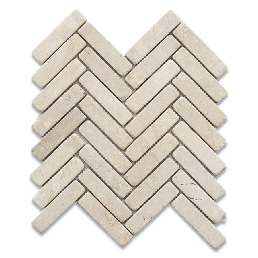 Italian Botticino tumbled marble herringbone mosaic
